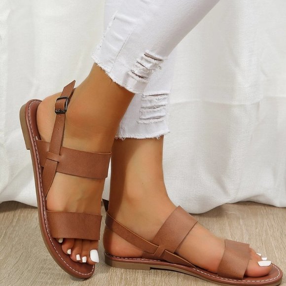 Brown Boho Women Twin Strap Artificial Leather Open Toe Ankle Strap Sandals - Picture 2 of 5